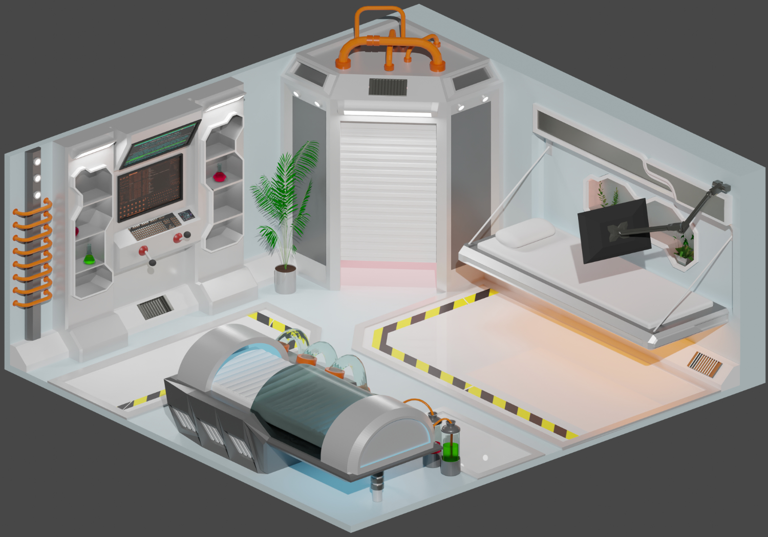 Rendu 3D en vue isométrique d'un dortoir scientifique